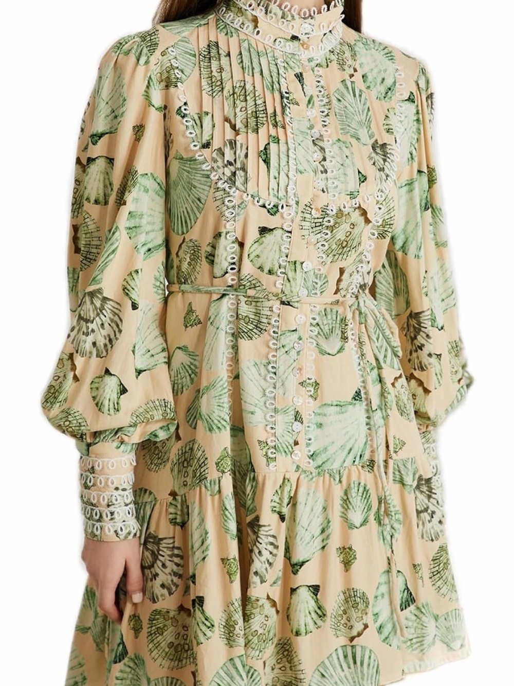 Amazon Cream Mini Dress with Green Seashell Print